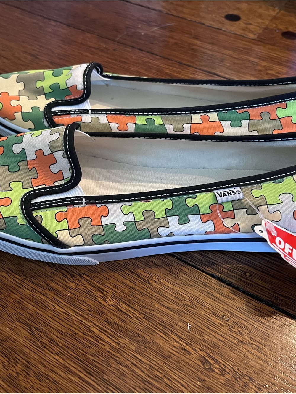 Vans Slip-On Puzzle Print Sneakers in Green, Orange & Tan - Picture 3 of 5
